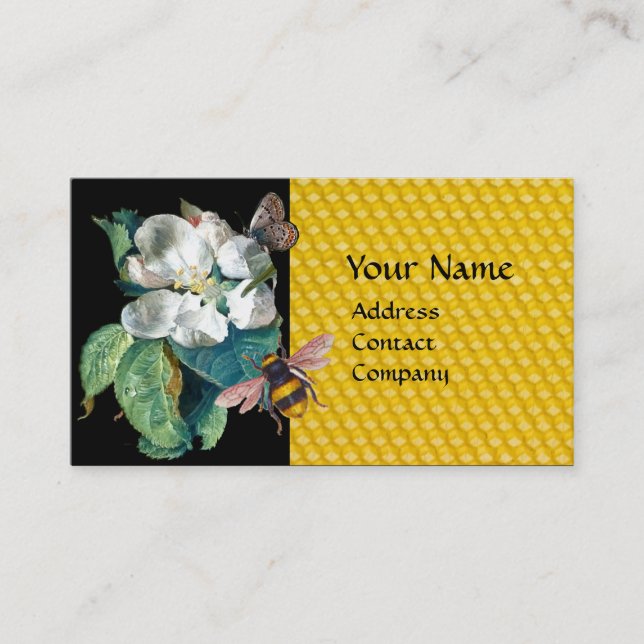 HONEY BEES, BUTTERFLY AND WHITE ROSE MONOGRAM BUSINESS CARD (Front)