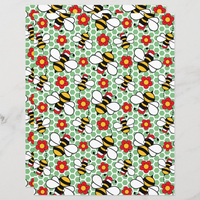 Honey Bees Christmas Scrapbook Paper in Green (Front/Back)
