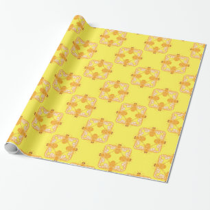 Honey bees dance square pattern on lemon yellow wrapping paper