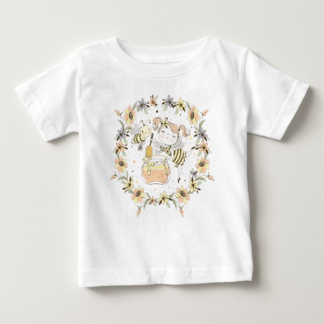 Honey Bees, Fairy & Baby Bees In Seamless Pattern Baby T-Shirt (Front)