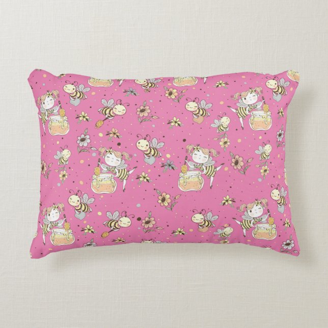 Honey Bees, Fairy & Baby Bees In Seamless Pattern Decorative Cushion (Front)