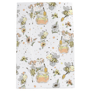 Honey Bees, Fairy & Baby Bees In Seamless Pattern Medium Gift Bag