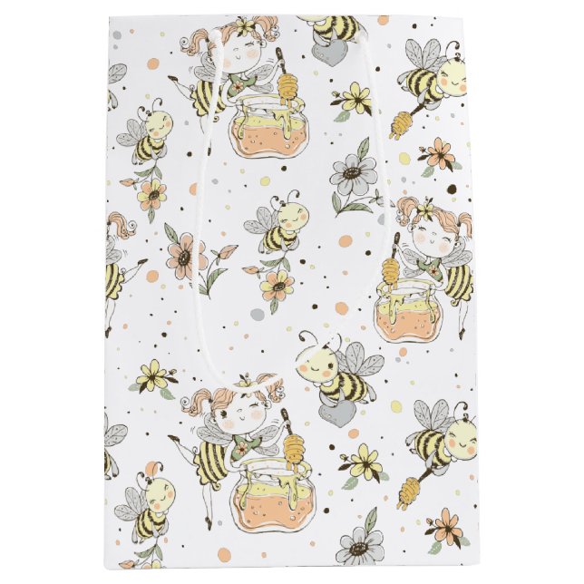 Honey Bees, Fairy & Baby Bees In Seamless Pattern Medium Gift Bag (Front)