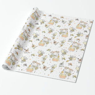 Honey Bees, Fairy & Baby Bees In Seamless Pattern Wrapping Paper