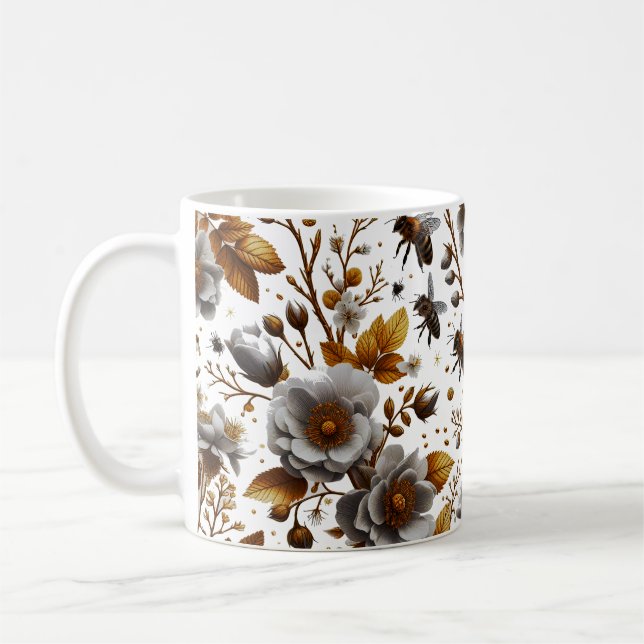 honey bees  florals and leaves pattern doodle art coffee mug (Left)