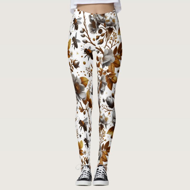 honey bees  florals and leaves pattern doodle art leggings (Front)