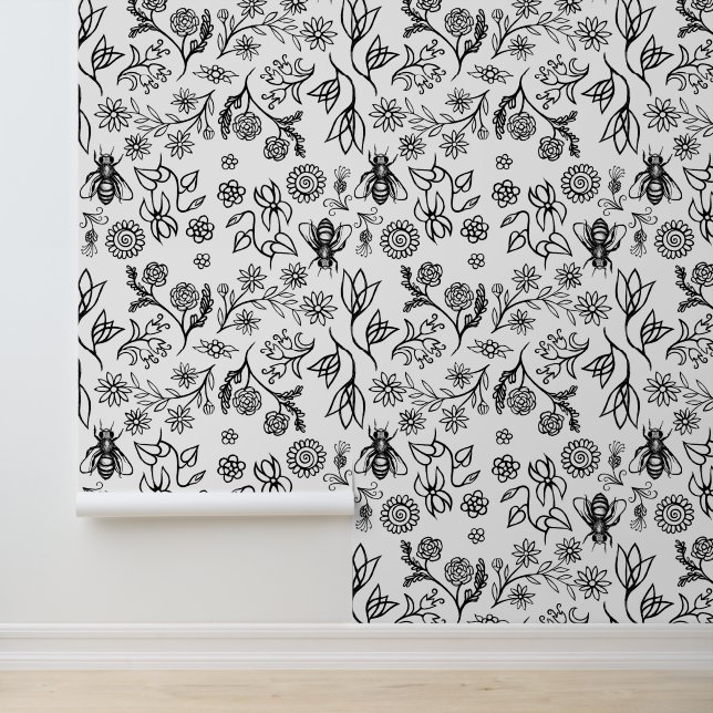   Honey Bees & Flowers Boho Modern Black and White Wallpaper (Application)