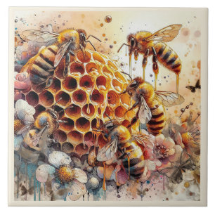 HONEY BEES FLOWERS HONEYCOMB    Ceramic Tile