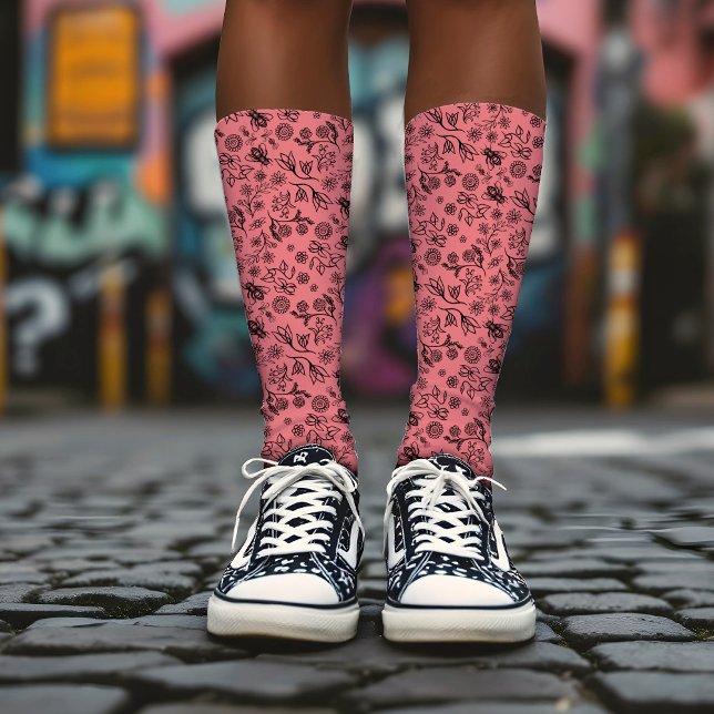 Honey Bees & Flowers Liberty Pattern Black & Coral Socks (Creator Uploaded)