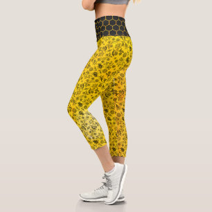 Honey Bees & Flowers Liberty Pattern Black Yellow Capri Leggings