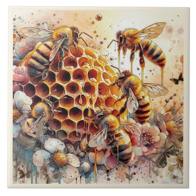HONEY BEES FLOWERS On HONEYCOMB |  Ceramic Tile (Front)