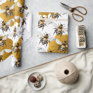 Honey Bees Gold Honey Wrapping Paper