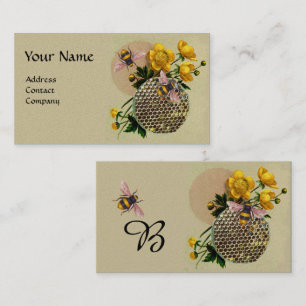 HONEY BEES,HONEYCOMB AND BUTTERCUPS MONOGRAM Pearl Business Card