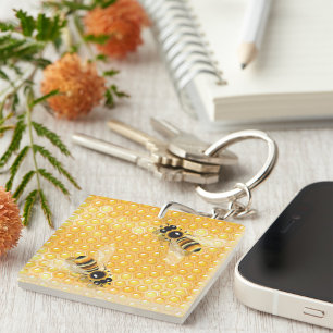 Honey Bees on Bright Honeycomb Pattern  Key Ring