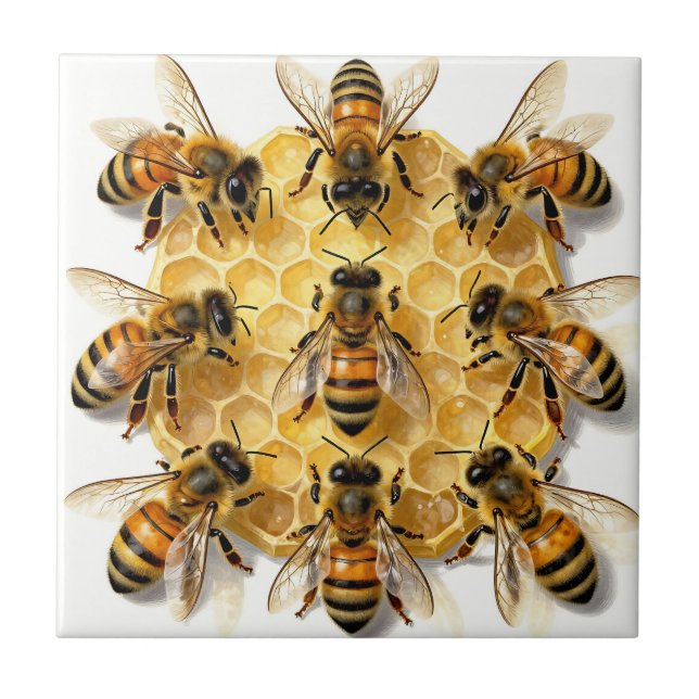 Honey Bees on Hexagonal Honeycomb Circle Ceramic Tile (Front)