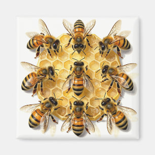 Honey Bees on Hexagonal Honeycomb Circle Magnet