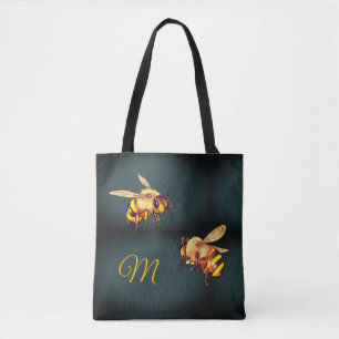Honey Bees Retro Vintage Marble Monogram Tote Bag