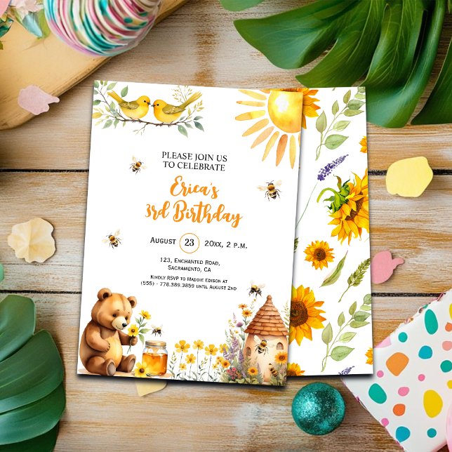 Honey Bees Teddy Bear 3rd Birthday Invitation (Creator Uploaded)