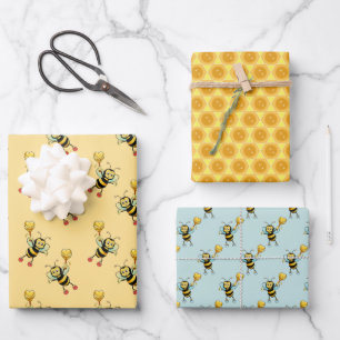 Honey bees with heart & honeycomb pattern wrapping paper sheet