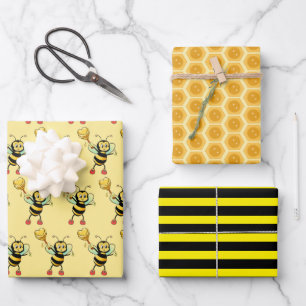 Honey bees with heart & honeycomb pattern wrapping wrapping paper sheet