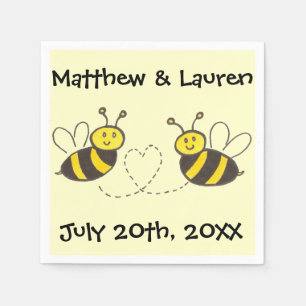 Honey Bees with Heart on Yellow with Name Date Napkin