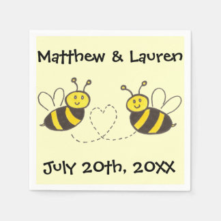 Honey Bees with Heart on Yellow with Name Date Napkin