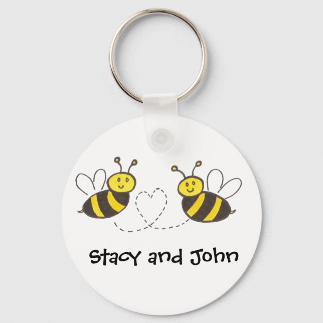 Honey Bees with Heart with Personalised Name Key Ring (Front)