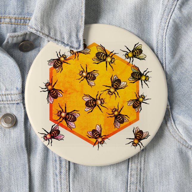 Honey bees with orange yellow hexagon drawing art 6 cm round badge (In Situ)