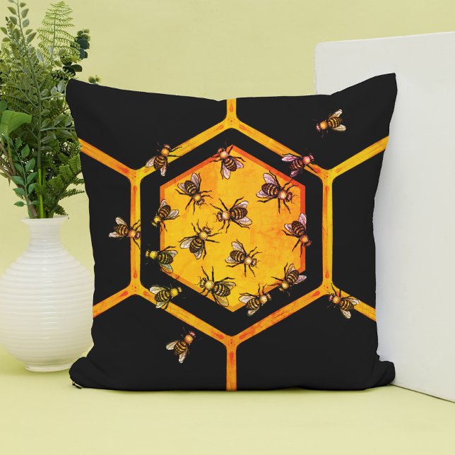 Honey bees with orange yellow hexagon drawing art cushion (Creator Uploaded)