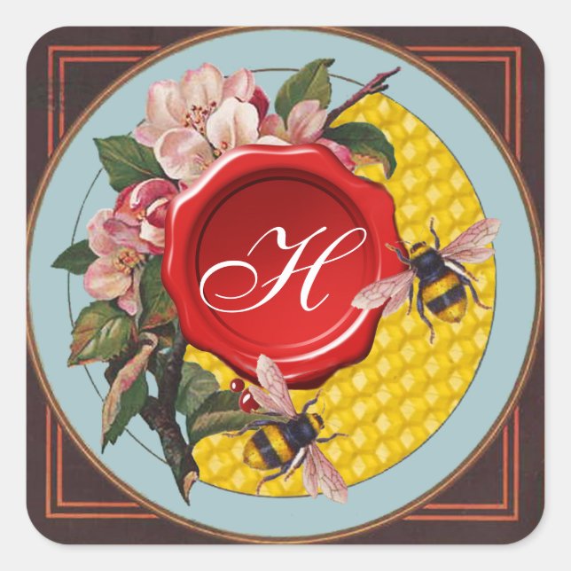 HONEY BEES WITH WILD ROSES RED WAX SEAL MONOGRAM (Front)