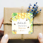 Honey bees yellow florals Bridal Shower Square Sticker<br><div class="desc">For a summer bridal shower. Cute bumble bees,  yellow florals,  and dripping honey from a honeycomb. Personalize and add the name of the bride to bee.</div>