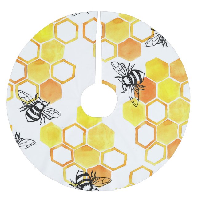 Honey Bees: Yellow Watercolor Pattern Brushed Polyester Tree Skirt (Front)