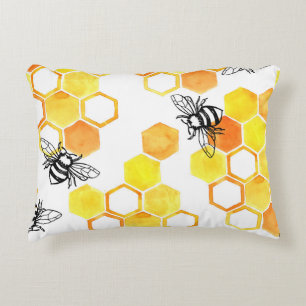Honey Bees: Yellow Watercolor Pattern Decorative Cushion