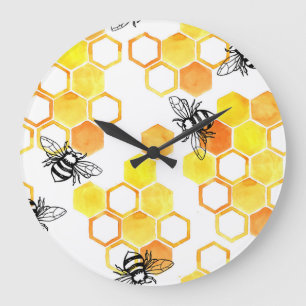Honey Bees: Yellow Watercolor Pattern Large Clock