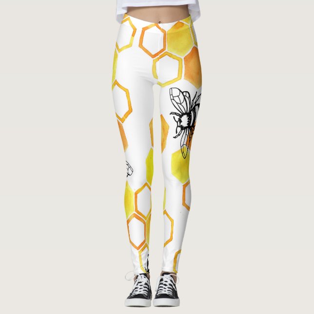 Honey Bees: Yellow Watercolor Pattern Leggings (Front)