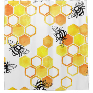 Honey Bees: Yellow Watercolor Pattern Shower Curtain