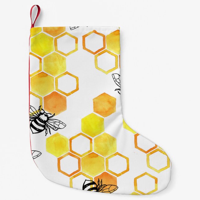 Honey Bees: Yellow Watercolor Pattern Small Christmas Stocking (Front)