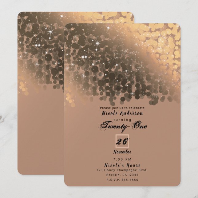 Honey Beige Champagne Golden Sparkle Lights Party Invitation (Front/Back)