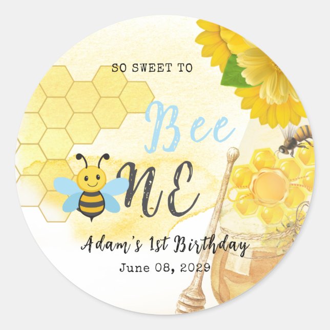 Honey Blue Yellow Green Bee First Birthday Classic Round Sticker (Front)