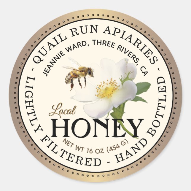 Honey Brushed Bronze Wild Rose & Bee Round Label (Front)