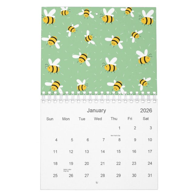 Honey Bumble Bee Green Pattern 2026 Calendar (Jan 2026)