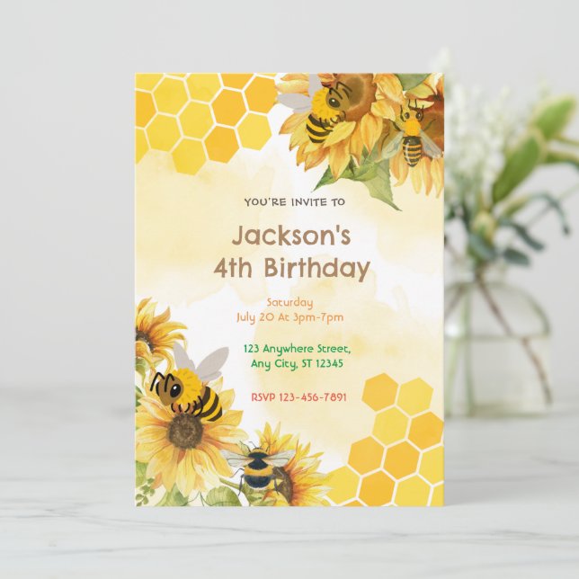 Honey Comb Bees Birthday Party Invitation (Standing Front)