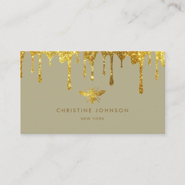 honey drips bee on sage green business card (Front)