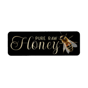 Honey Embossed Gold Text Realistic Bee on Black Return Address Label