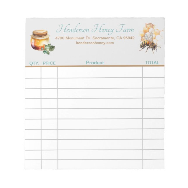 Honey Farm Custom sales receipt   Notepad (Front)