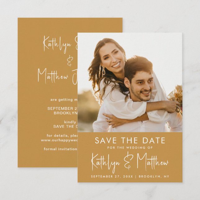 Honey Gold Fun Script Modern Photo Wedding Save The Date (Front/Back)