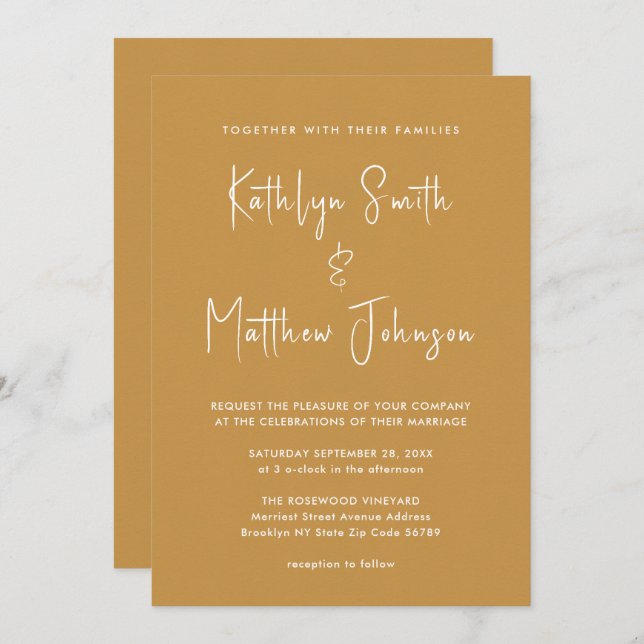 Honey Gold Modern Script All In One Chic Wedding  Invitation (Front/Back)