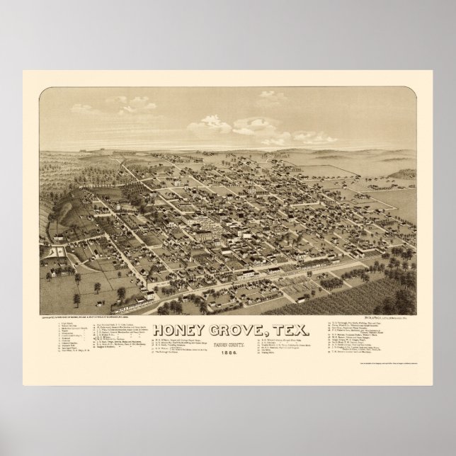 Honey Grove, TX Panoramic Map - 1886 Poster (Front)