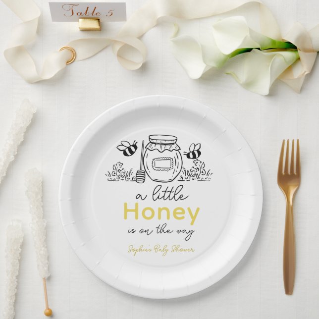Honey Hand-drawn Jar & Bees White Baby Shower Paper Plate (Wedding)