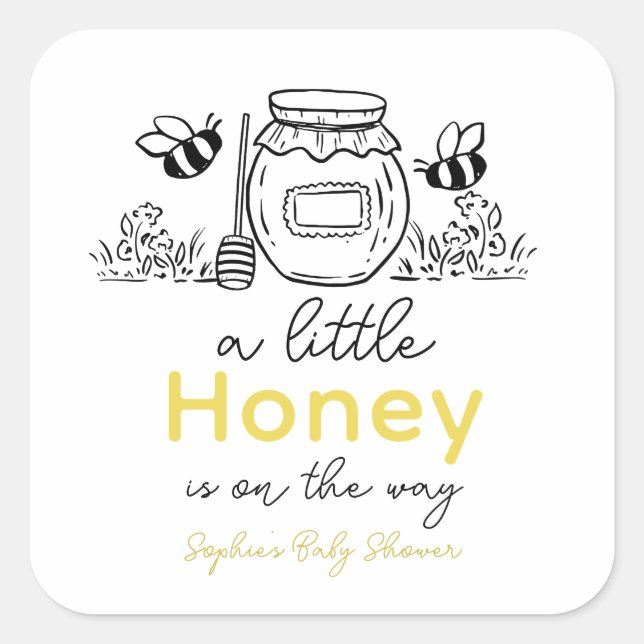 Honey Hand-drawn Jar & Bees White Baby Shower Square Sticker (Front)
